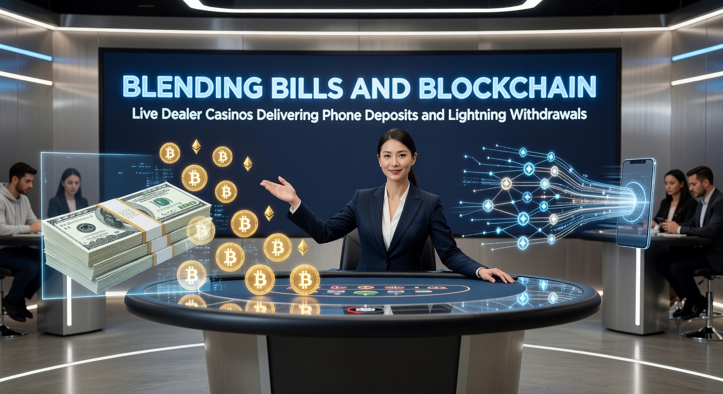 Digital graphic showing a smartphone merging with blockchain nodes and live dealer roulette wheel, symbolizing fast phone deposits and crypto withdrawals in online casinos