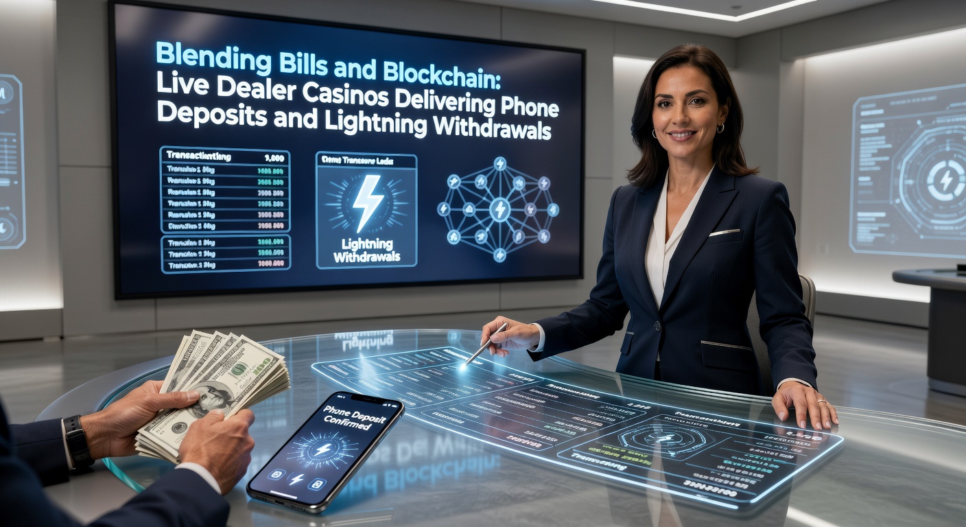 Visualization of blockchain lightning network speeding withdrawals from a live casino interface to a digital wallet, with phone bill deposit icon nearby