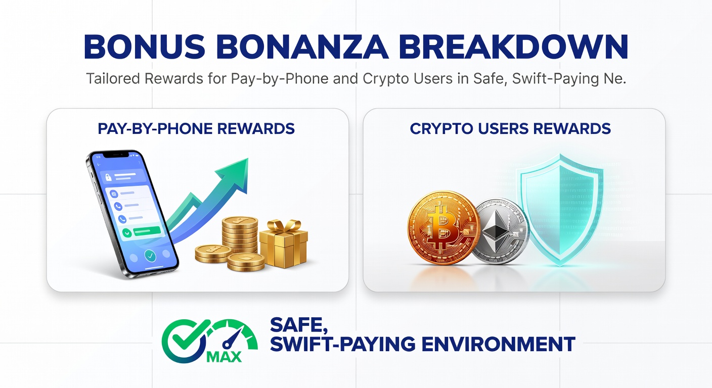 Dynamic screenshot of a casino dashboard displaying crypto bonus tiers alongside phone deposit prompts and instant payout icons