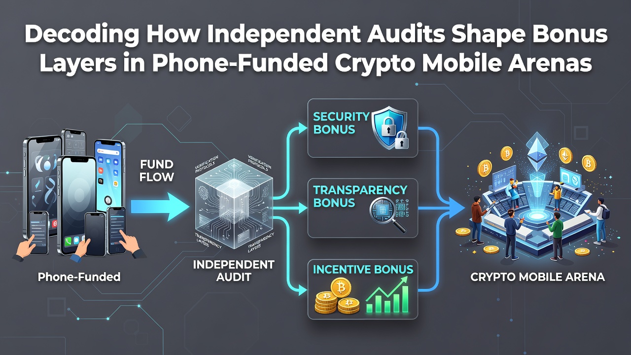 Diagram showing independent audit checkpoints applied to bonus structures in phone-funded crypto mobile platforms