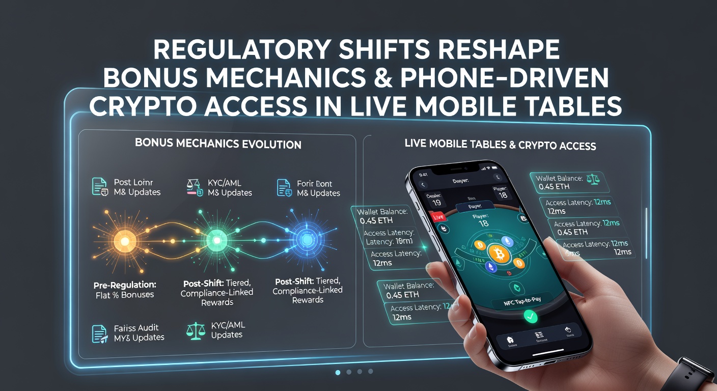 Live dealer at a mobile casino table with overlaid regulatory compliance icons and crypto transaction confirmations