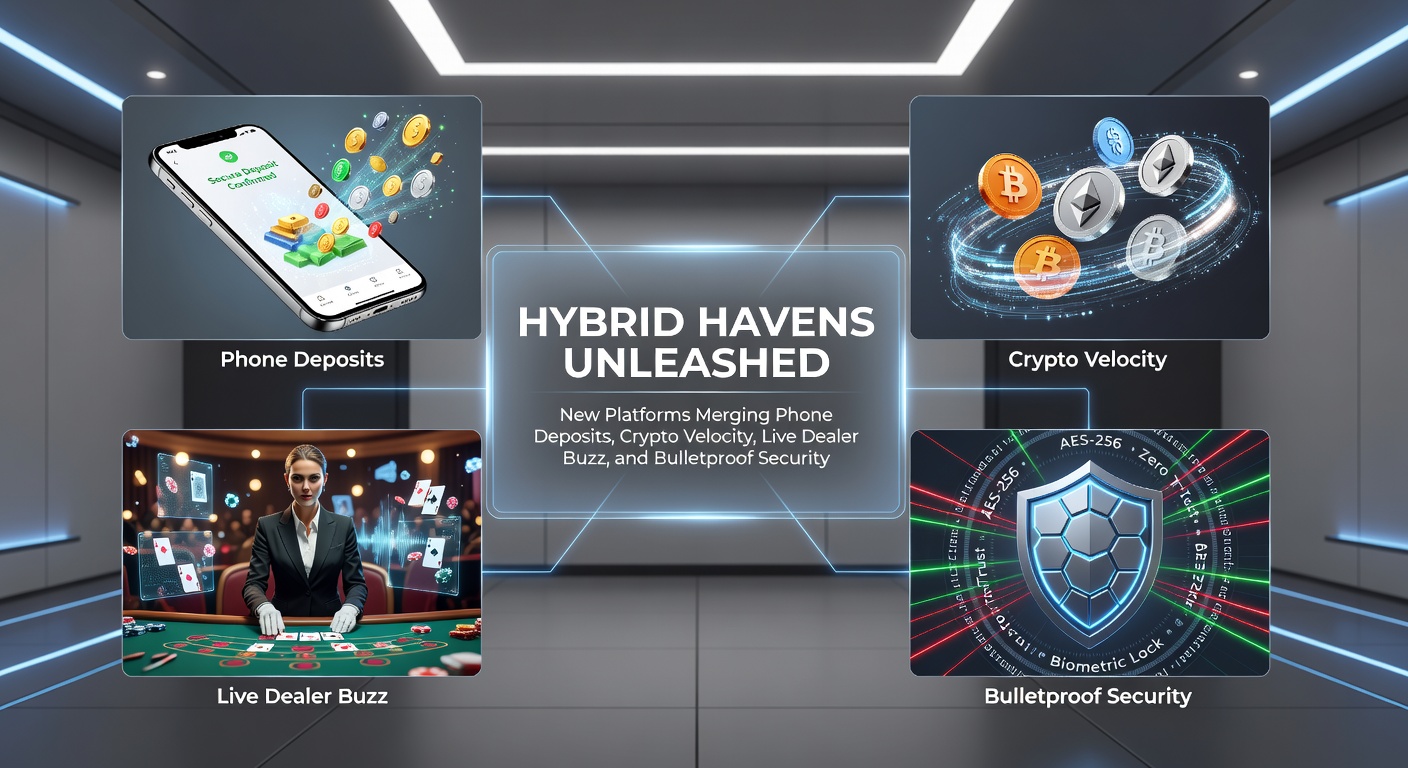 Vibrant digital interface showing phone deposit options alongside crypto wallets and live dealer streams on a secure gaming platform