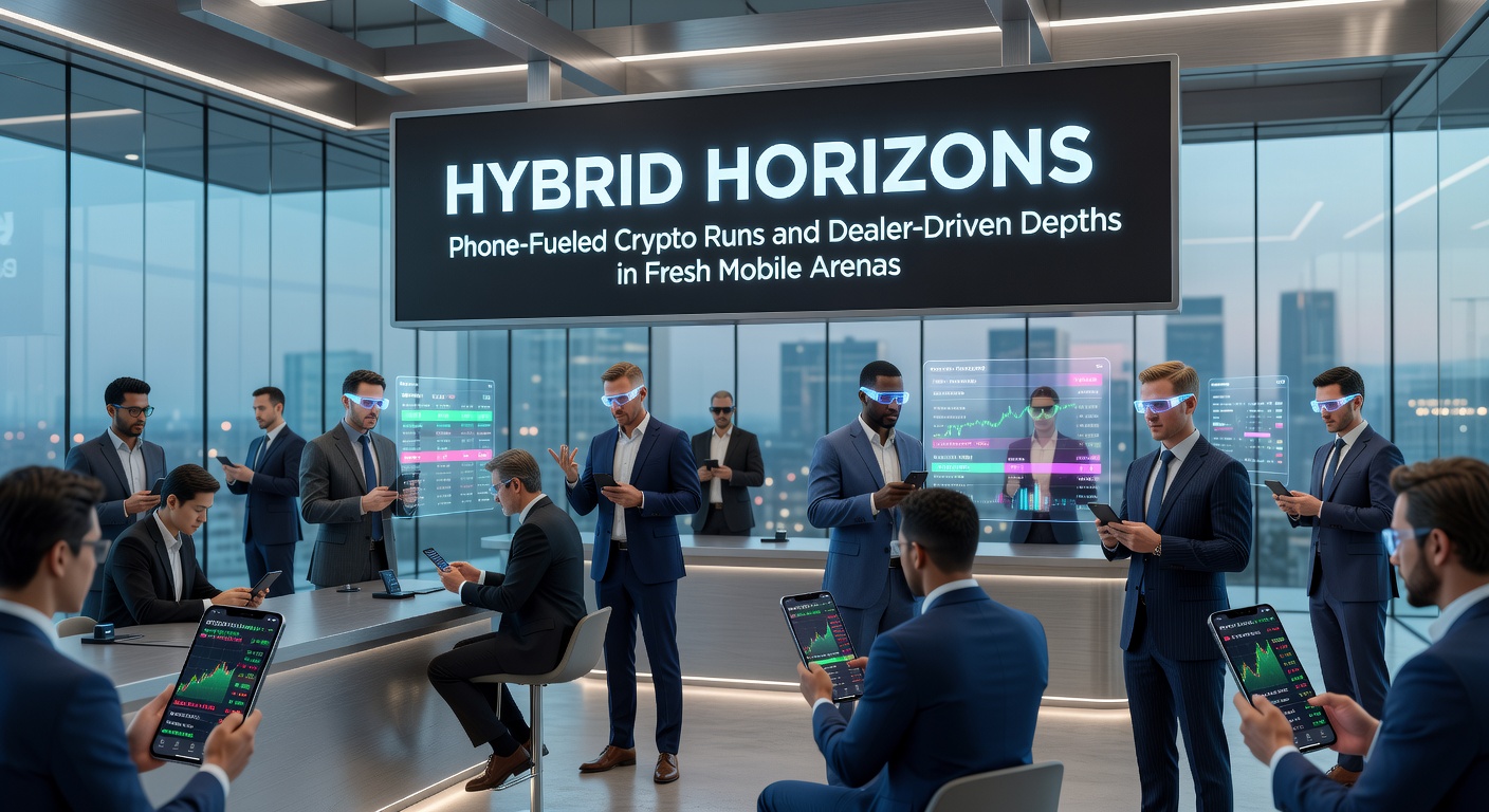 Dynamic split-screen view of a smartphone user depositing via phone bill, executing a crypto withdrawal, and joining a live dealer poker game amid glowing blockchain nodes and dealer cards