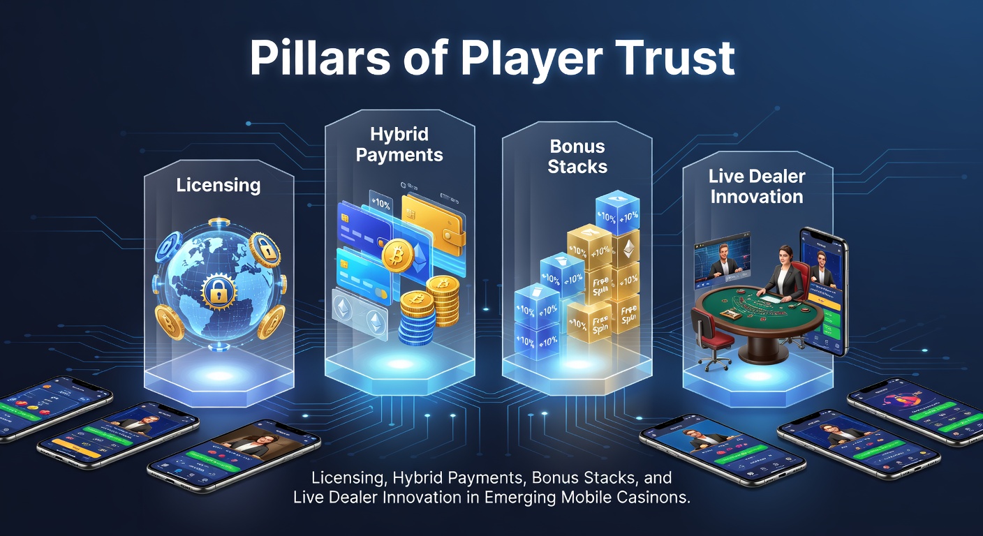 Modern mobile casino interface displaying licensing badges, payment icons, bonus notifications, and a live dealer stream