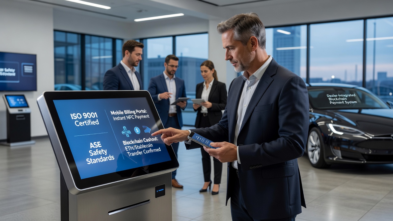 Safety certification badges and mobile payment icons merging with blockchain symbols in a live dealer casino environment