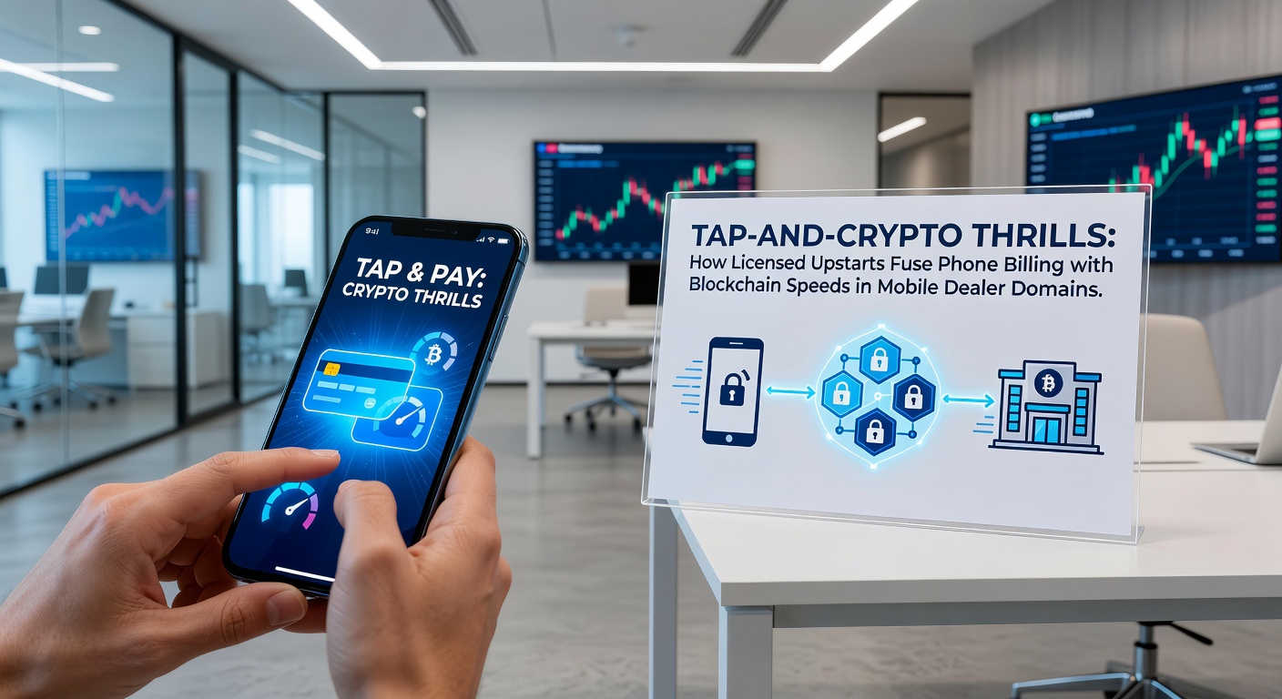 Smartphone screen displaying a seamless phone bill deposit flowing into a live blackjack table with crypto wallet icons and blockchain speed indicators