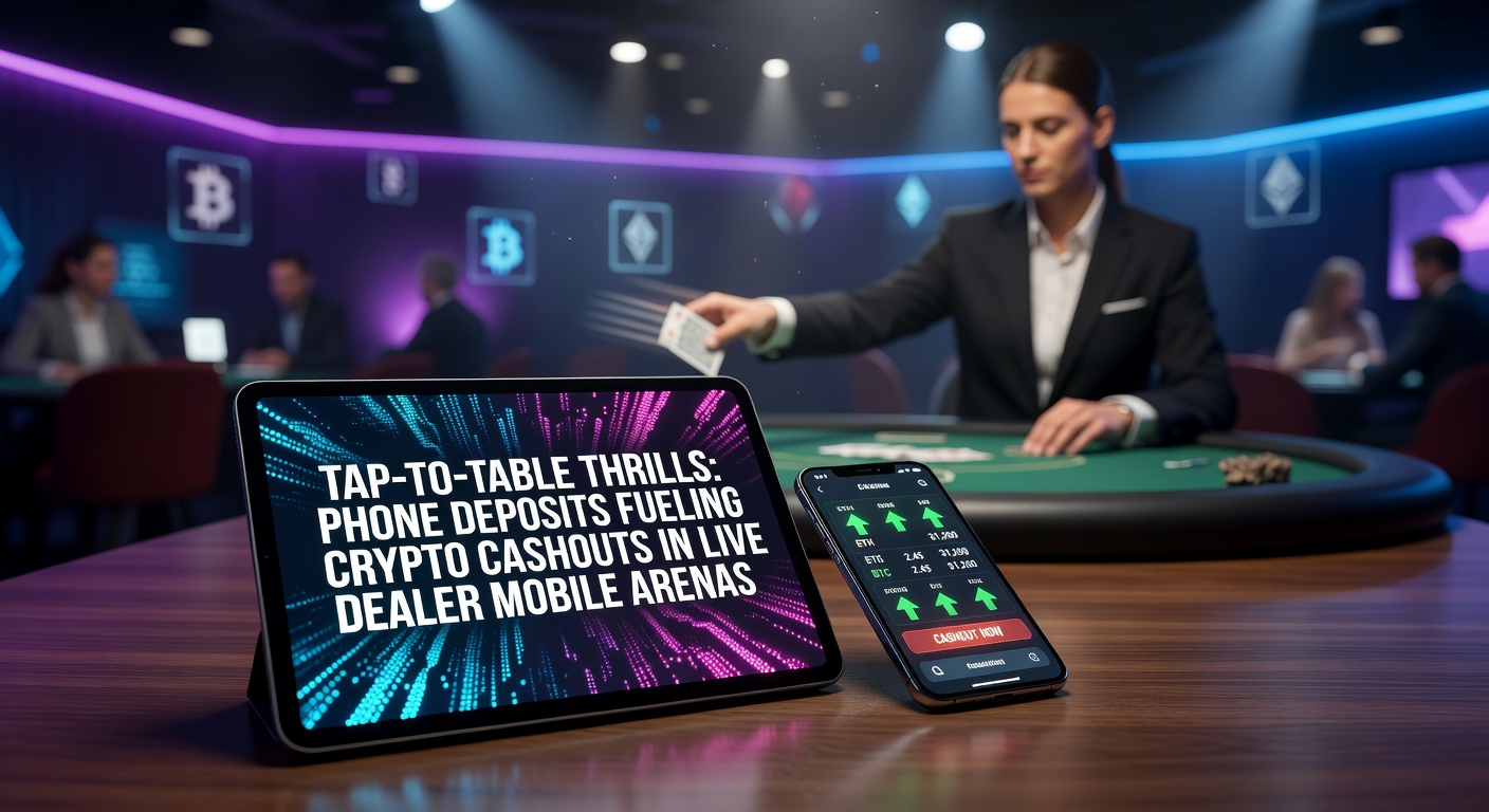 Mobile phone screen showing live dealer blackjack table with phone deposit confirmation and crypto wallet icon