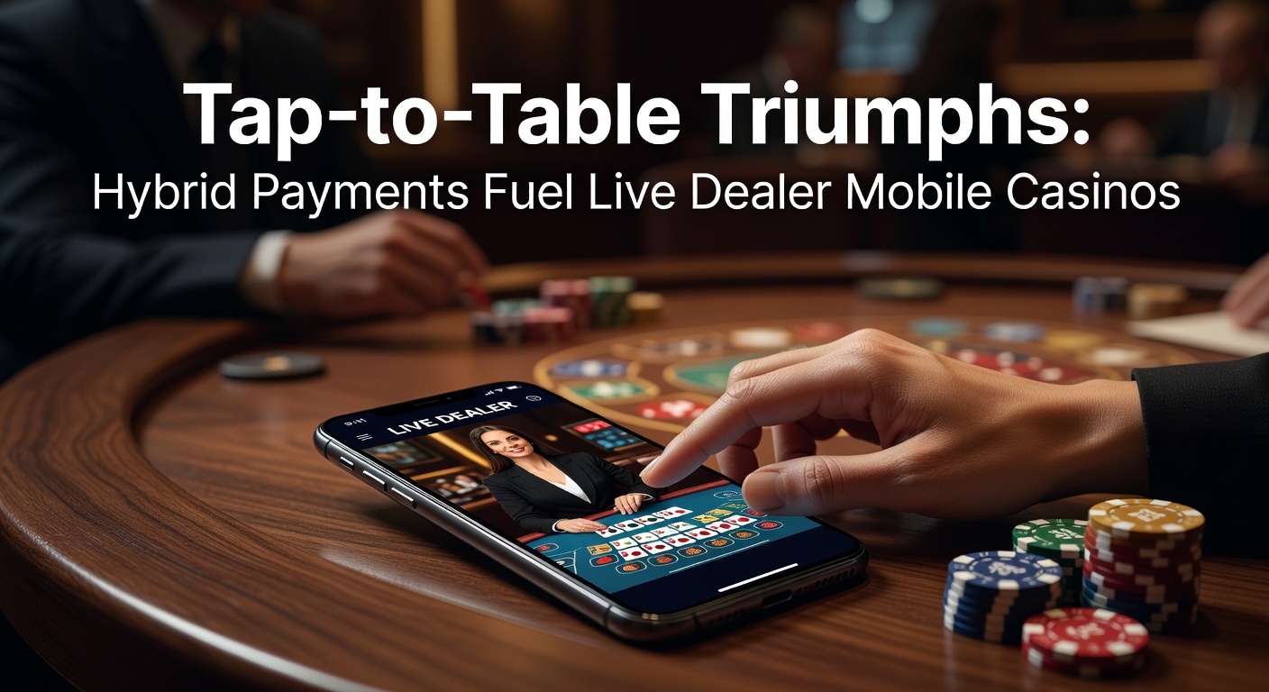 Mobile phone screen showing a live dealer at a blackjack table with hybrid payment icons overlayed for quick deposits