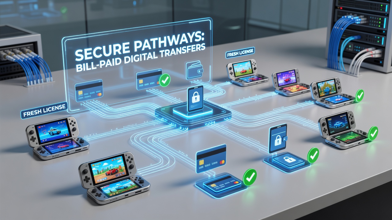 Detailed view of encrypted pathways connecting phone billing systems to licensed portable gaming devices